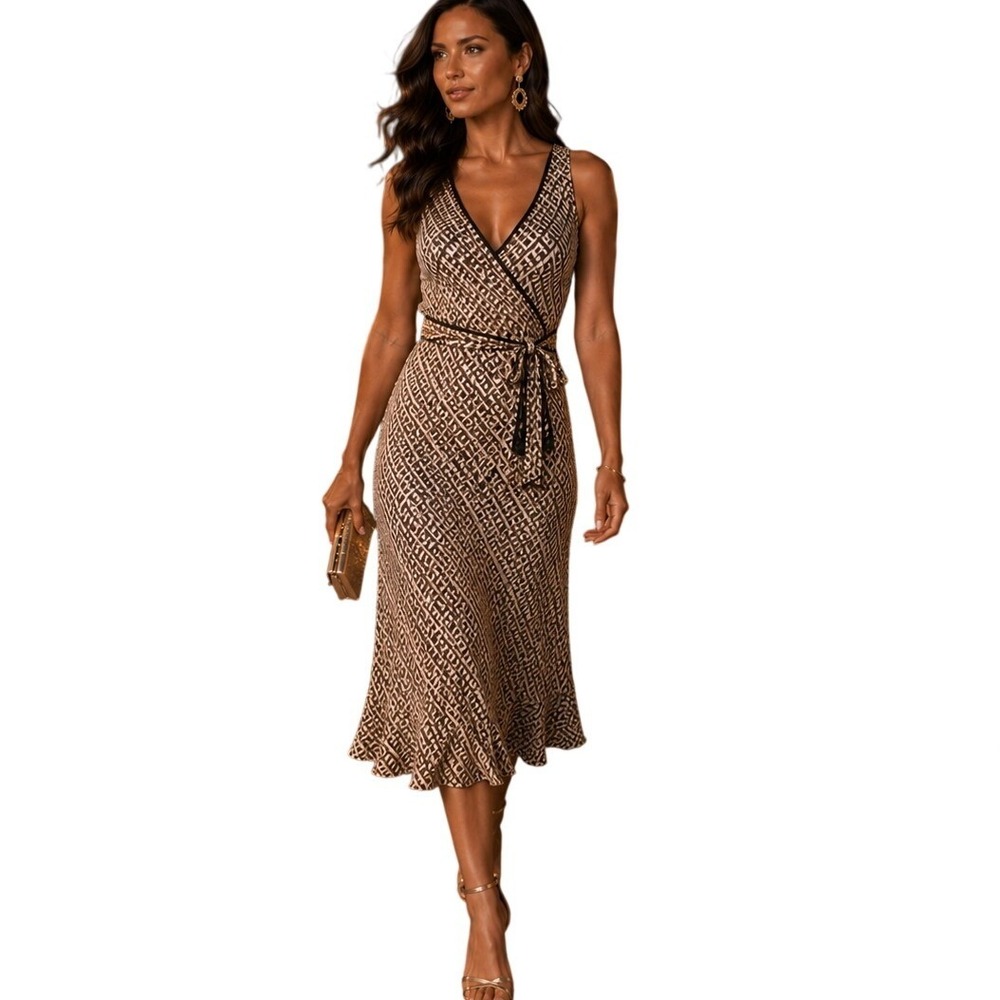 J. Crew Women's Silk Blend Sleeveless V Neck Tie Waist Glam Wrap Midi Dress Sz 6